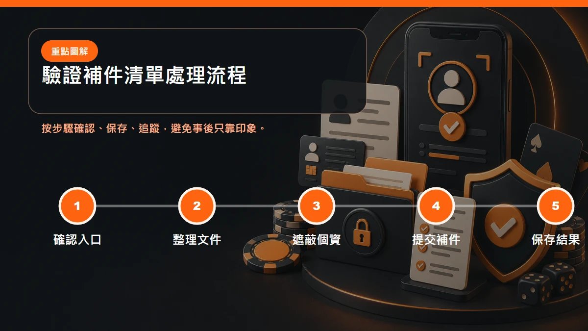 驗證補件清單處理流程，從確認入口到整理文件到遮蔽個資到提交補件到保存結果