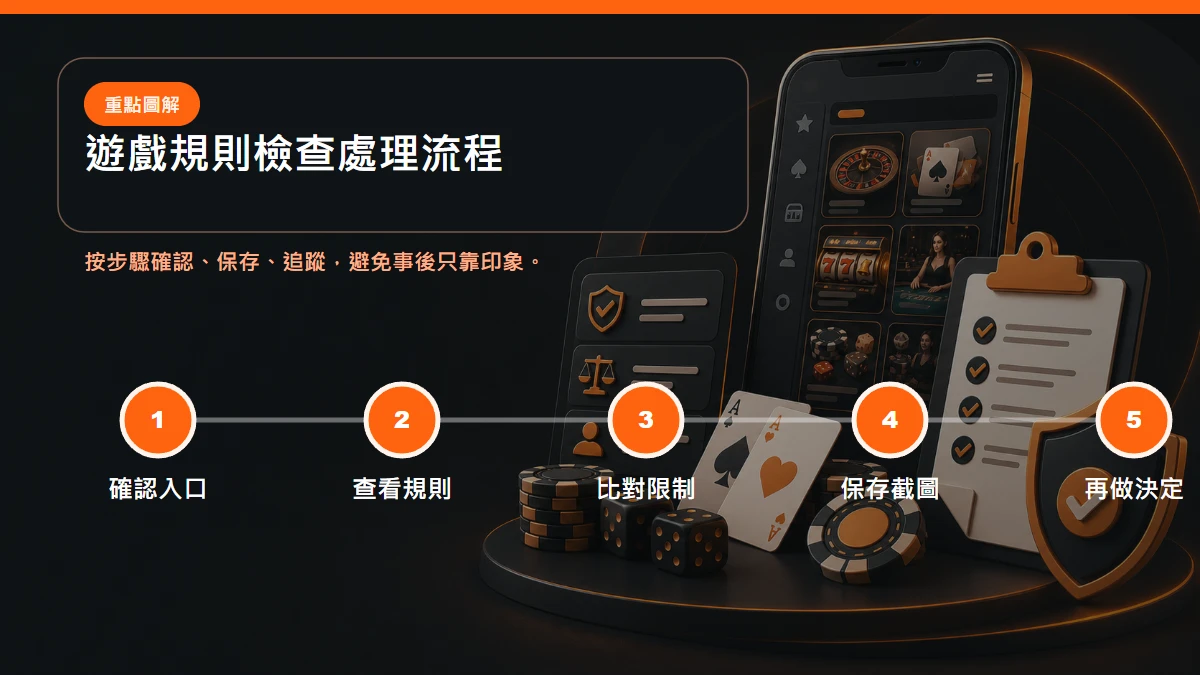 遊戲規則檢查處理流程，從確認入口到查看規則到比對限制到保存截圖到再做決定