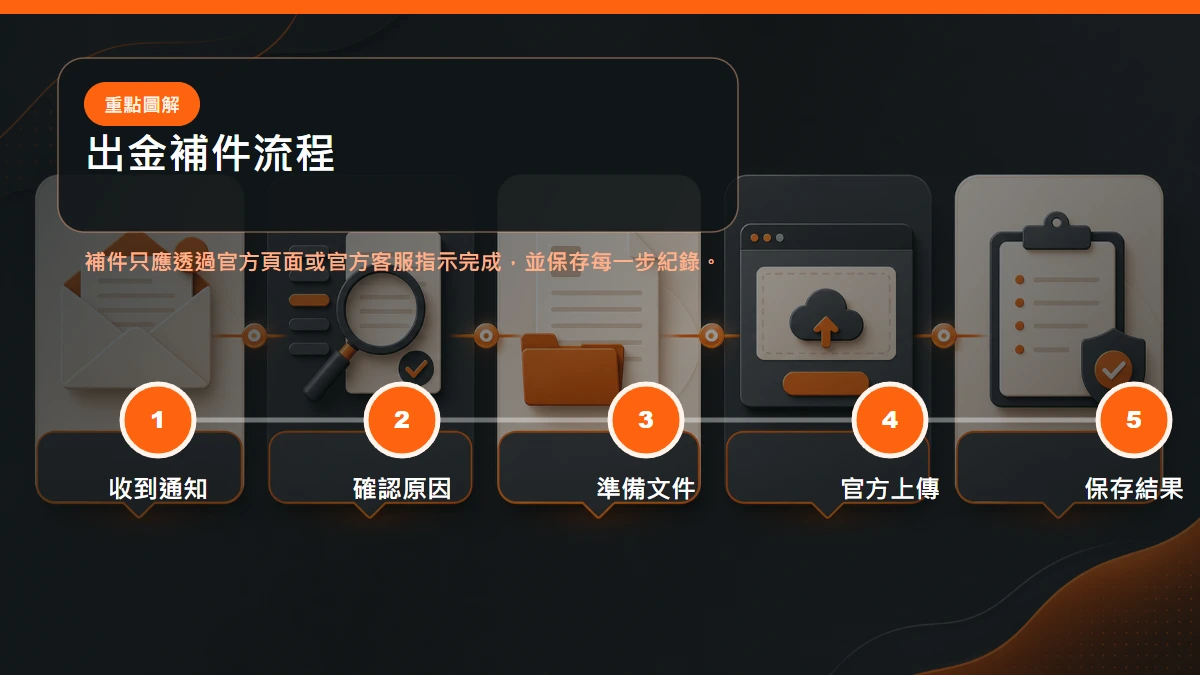 出金補件流程，從收到通知、確認原因、準備文件到官方頁面上傳與保存結果