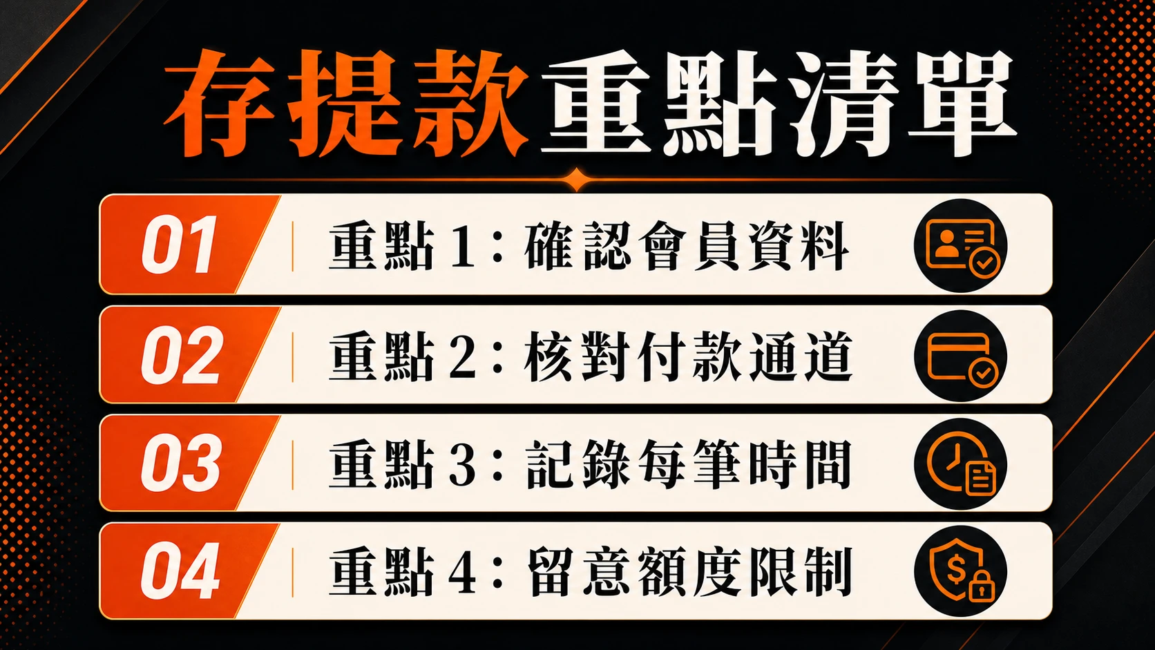 存提款重點清單，重點包含：確認會員資料、核對付款通道、記錄每筆時間、留意額度限制