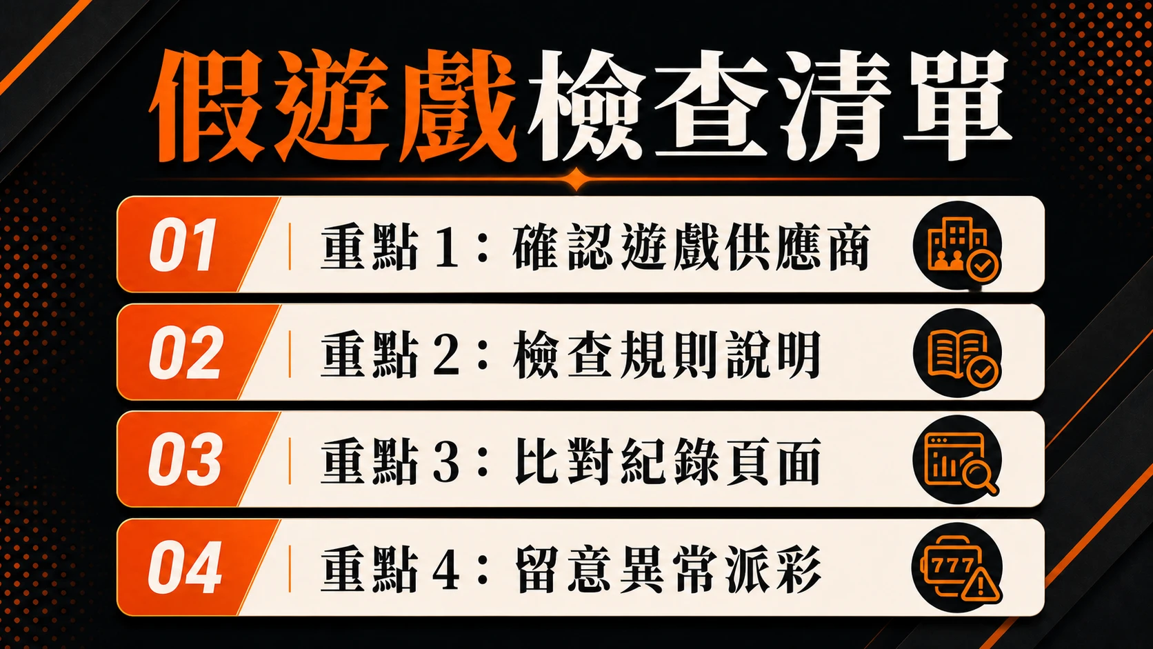 假遊戲檢查清單，重點包含：確認遊戲供應商、檢查規則說明、比對紀錄頁面、留意異常派彩