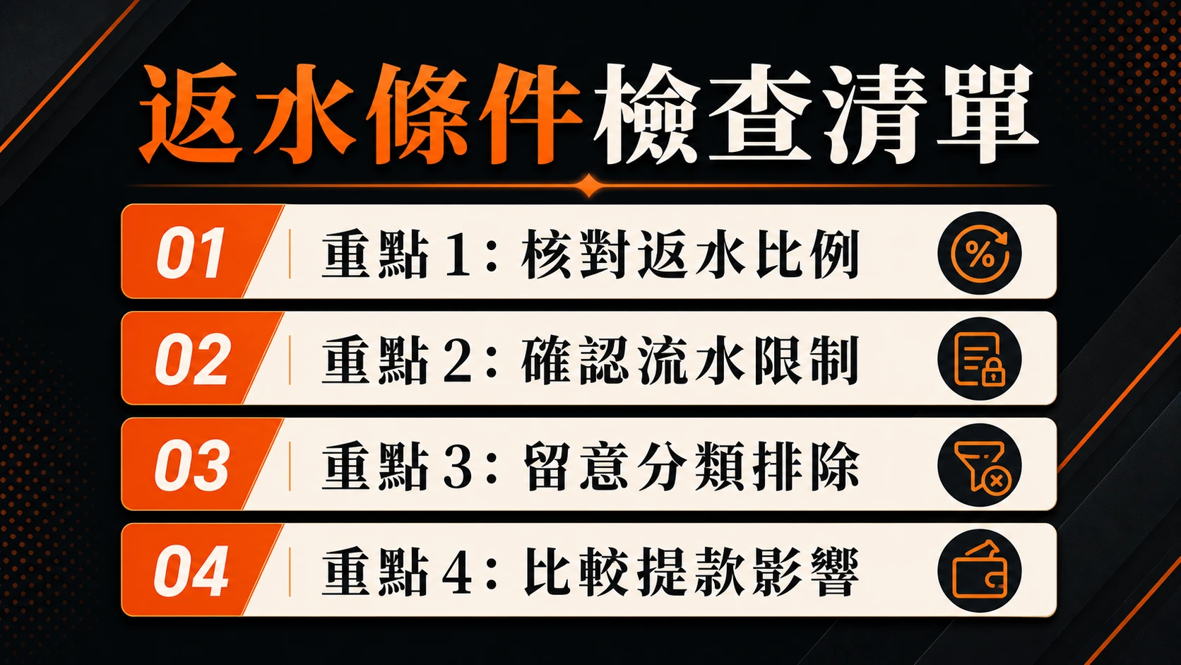 返水條件檢查清單，重點包含：核對返水比例、確認流水限制、留意分類排除、比較提款影響